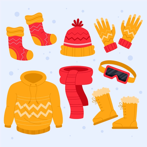 Colección de ropa de invierno plana y básicos dibujados a mano.