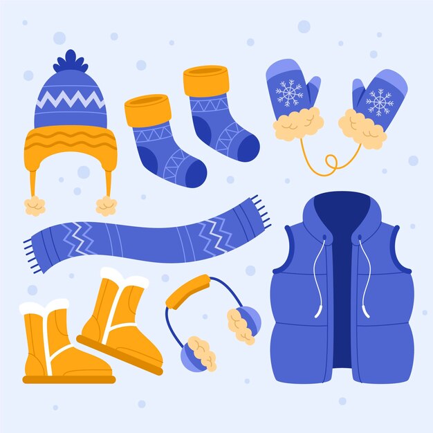 Colección de ropa de invierno plana y básicos dibujados a mano.