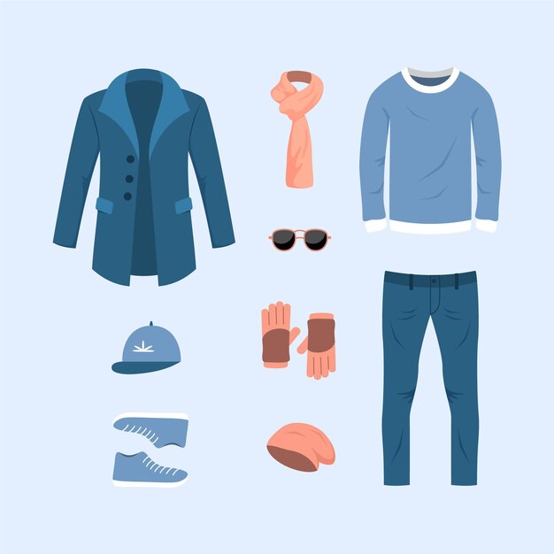 Colección de ropa de invierno plana y básicos dibujados a mano.