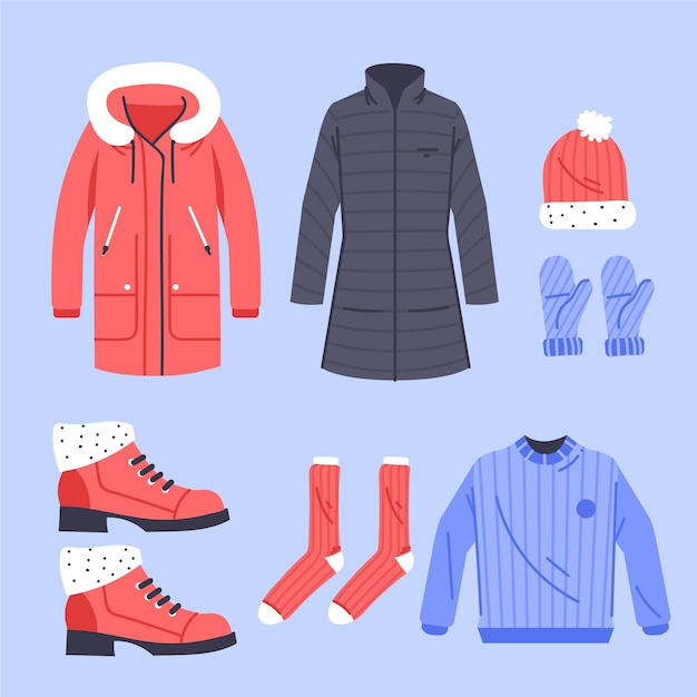 Colección de ropa de invierno plana y básicos dibujados a mano.