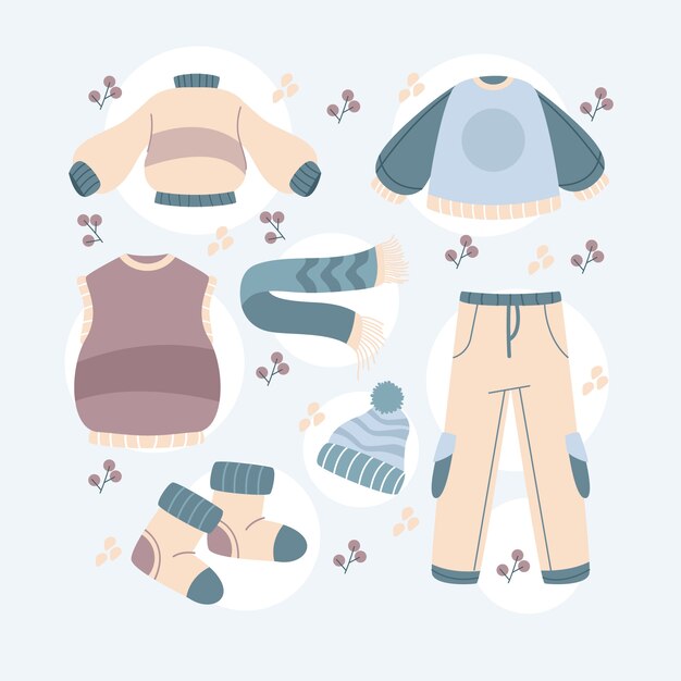 Colección de ropa de invierno plana y básicos dibujados a mano.