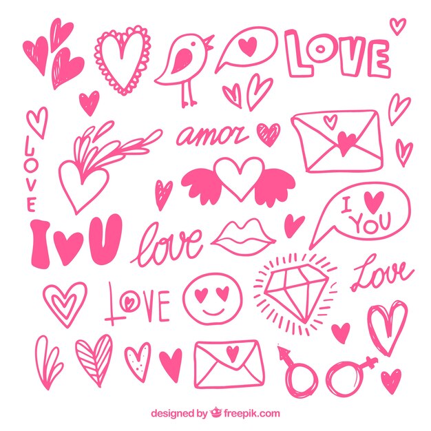 Colección rosa de objetos dibujados a mano para el día de san valentín
