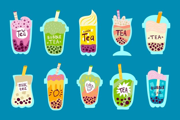Colección de sabores bubble tea dibujados a mano