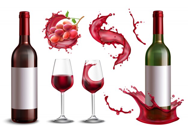 Colección de salpicaduras de vino con imágenes realistas aisladas de botellas de vino tinto racimo de uvas y vasos ilustración