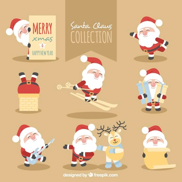 Vector gratuito colección de santa claus realizando varias actividades