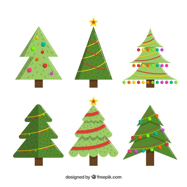 Colección de seis árboles de navidad decorados
