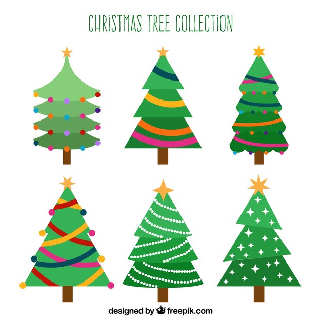 Colección de seis árboles de navidad en diferentes tonos de verde
