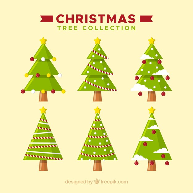 Colección de seis árboles de navidad planos