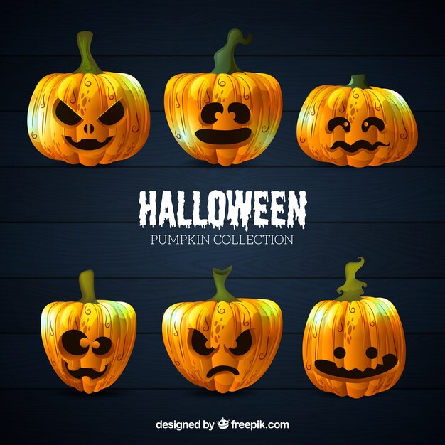 Colección de seis calabazas de acuarela de halloween 