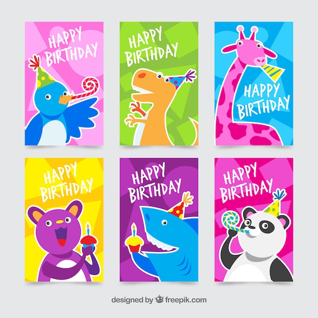 Vector gratuito colección de seis coloridas tarjetas de cumpleaños con animales