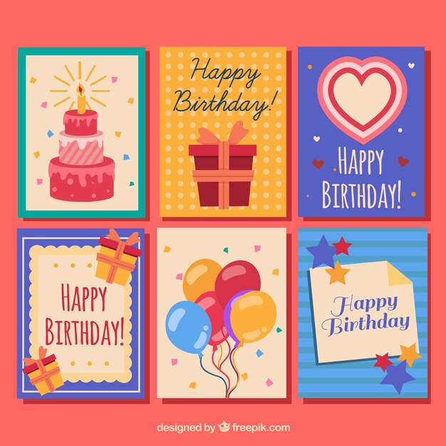 Colección de seis coloridas tarjetas de cumpleaños en diseño plano