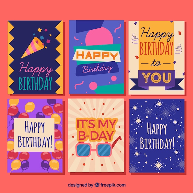 Colección de seis coloridas tarjetas de cumpleaños en diseño plano
