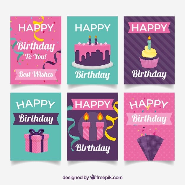 Colección de seis coloridas tarjetas de cumpleaños en diseño plano