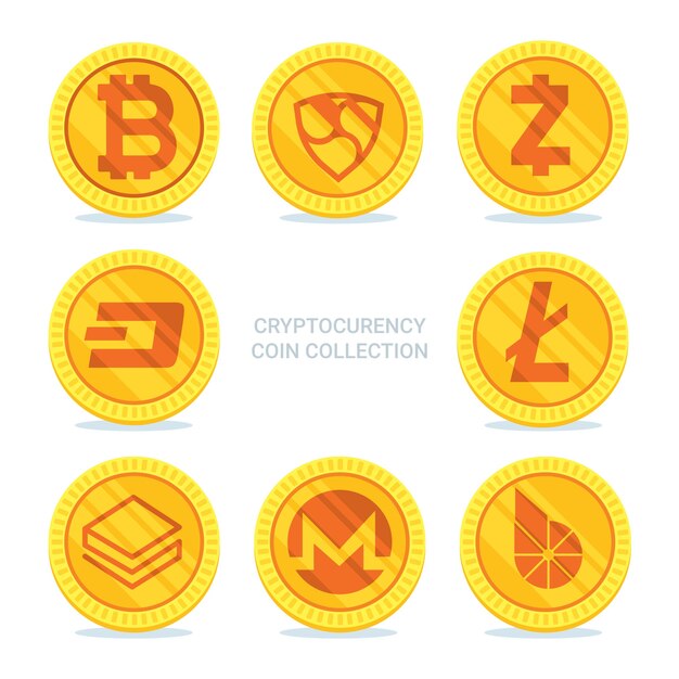 Colección de seis criptomonedas doradas