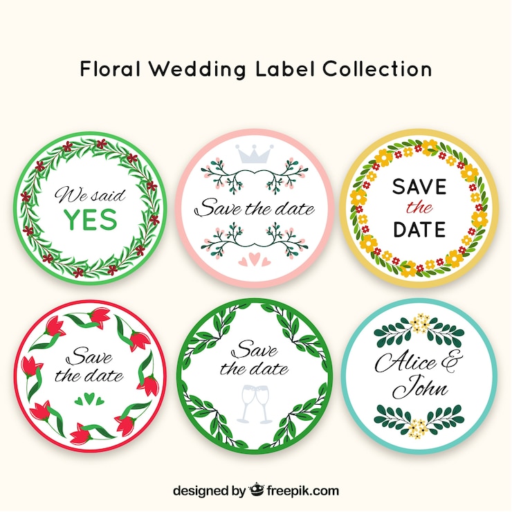 Vector gratuito colección de seis etiquetas de boda