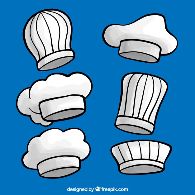 Colección de seis gorros de chef dibujados a mano decorativos