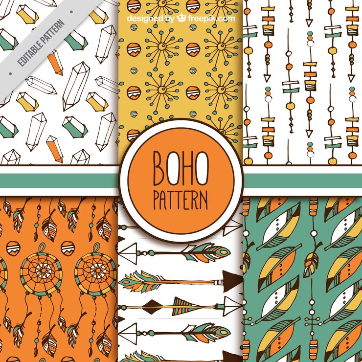 Vector gratuito colección de seis patrones dibujados a mano con elementos boho decorativos