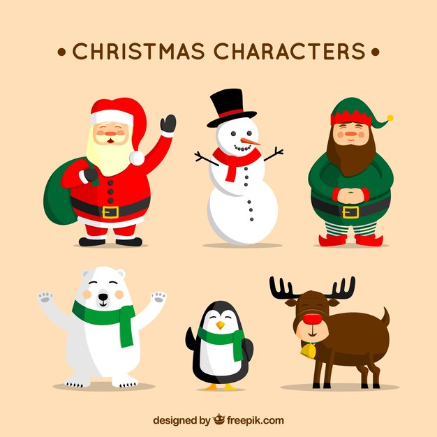 Colección de seis personajes de navidad en diseño plano
