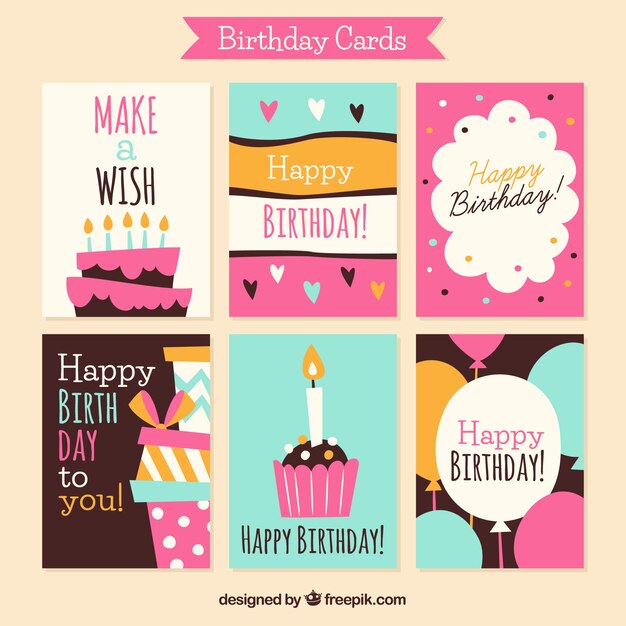 Colección de seis tarjetas de cumpleaños dibujadas a mano
