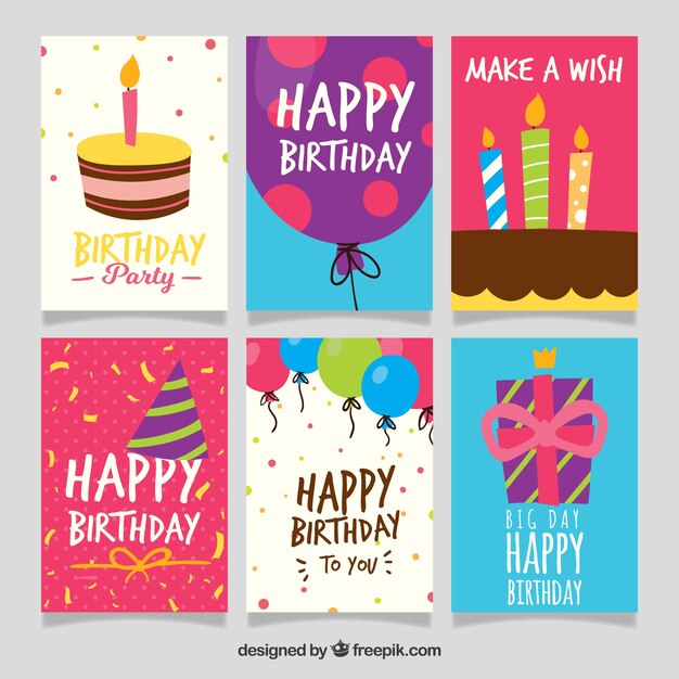 Colección de seis tarjetas de cumpleaños dibujadas a mano