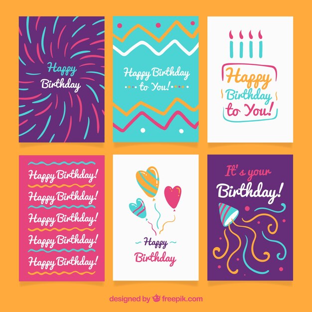 Colección de seis tarjetas de cumpleaños dibujadas a mano