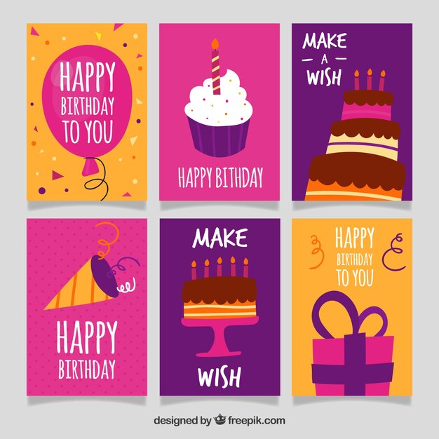 Colección de seis tarjetas de cumpleaños dibujadas a mano