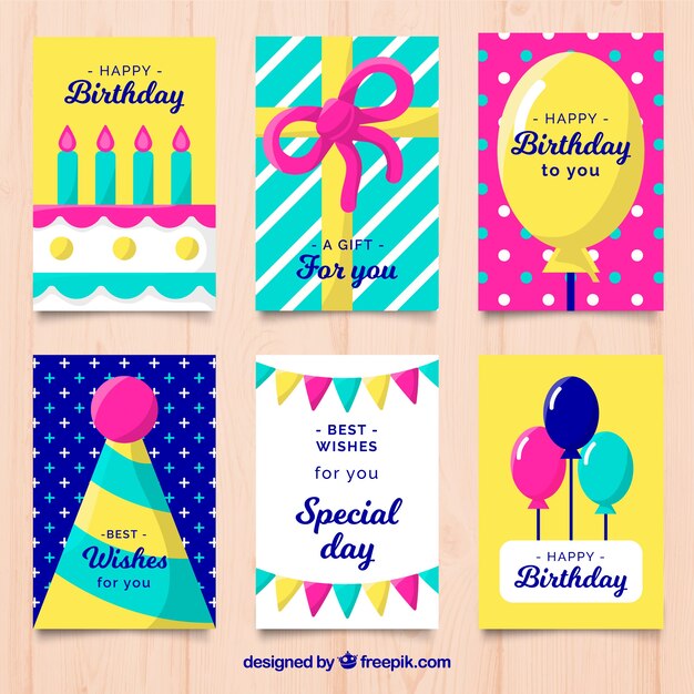 Colección de seis tarjetas de cumpleaños en diseño plano