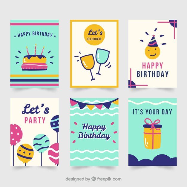 Colección de seis tarjetas de cumpleaños planas