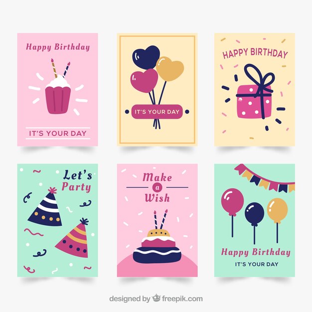 Colección de seis tarjetas de cumpleaños planas