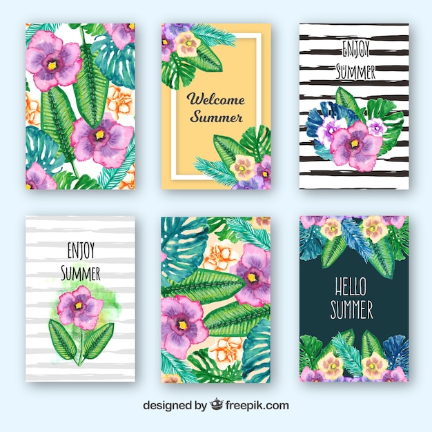 Vector gratuito colección de seis tarjetas florales de acuarela