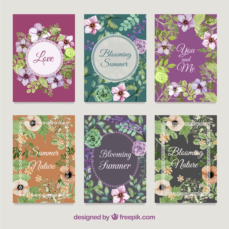 Vector gratuito colección de seis tarjetas florales de estilo vintage
