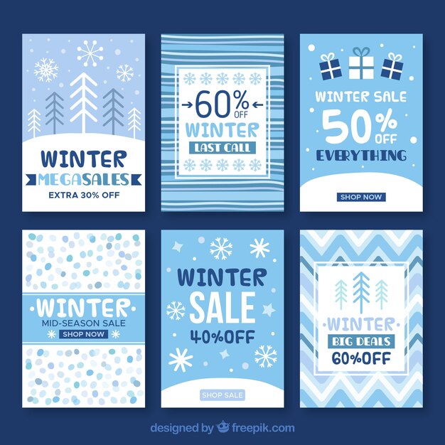 Colección de seis tarjetas de rebajas de invierno azules