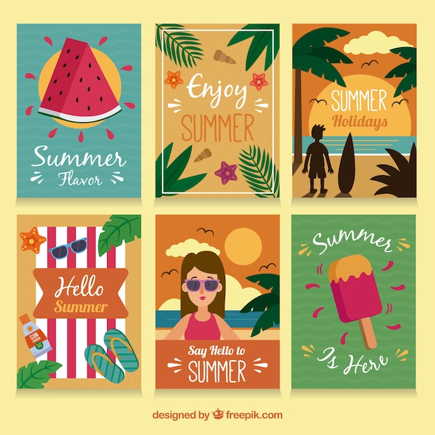 Vector gratuito colección de seis tarjetas de verano