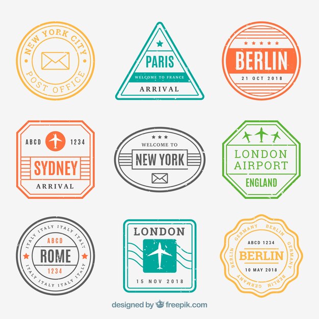 Colección de sellos de ciudad en diferentes colores