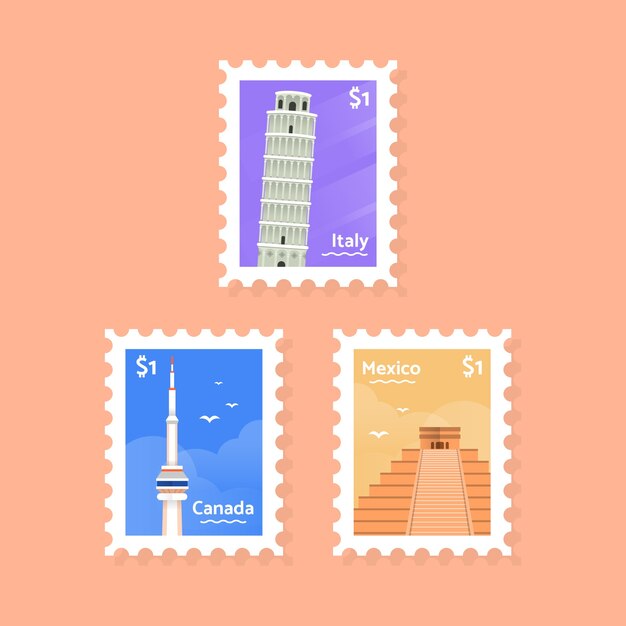 Colección de sellos de ciudad en estilo plano