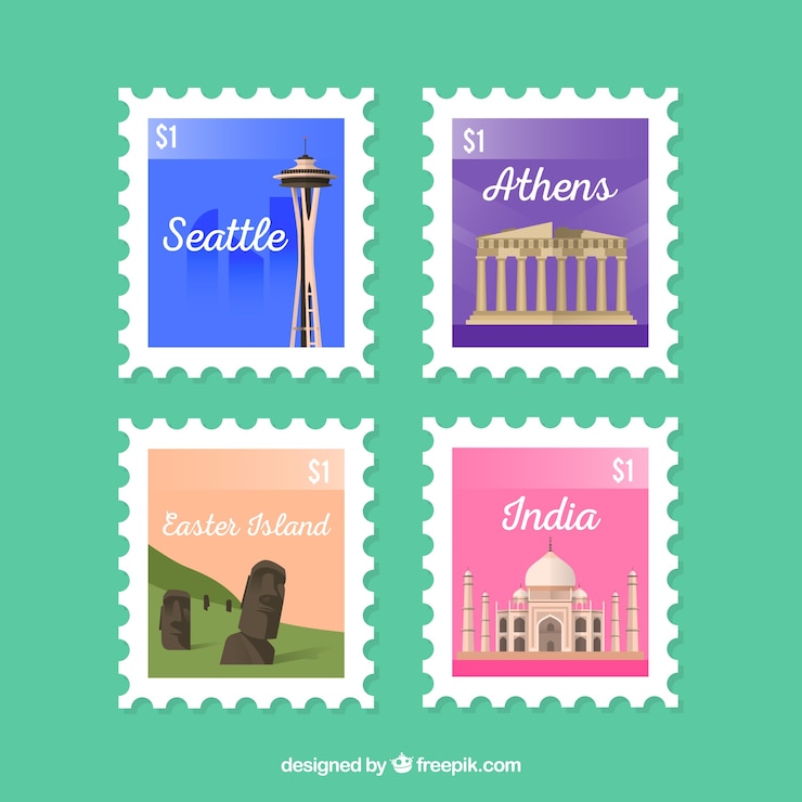 Vector gratuito colección de sellos de ciudad en estilo plano