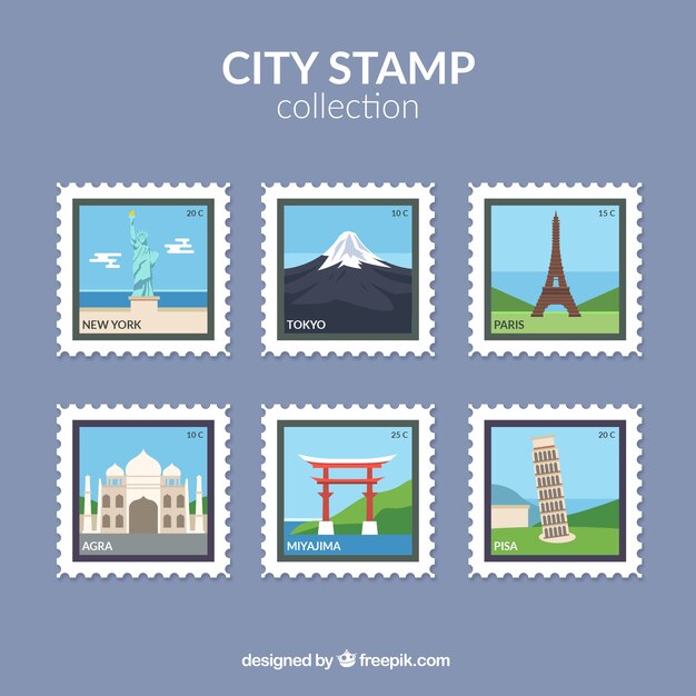 Colección de sellos de ciudad en estilo plano