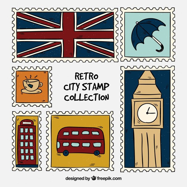 Colección de sellos de ciudad en estilo retro