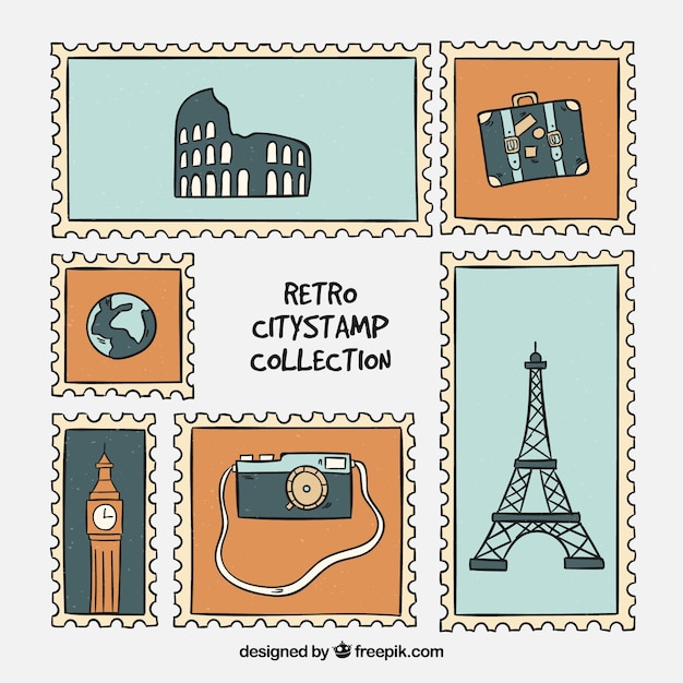 Vector gratuito colección de sellos de ciudad en estilo retro