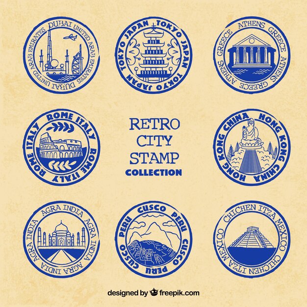 Colección de sellos de ciudad en estilo retro