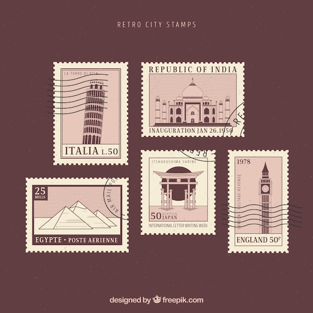 Colección de sellos de ciudad en estilo retro