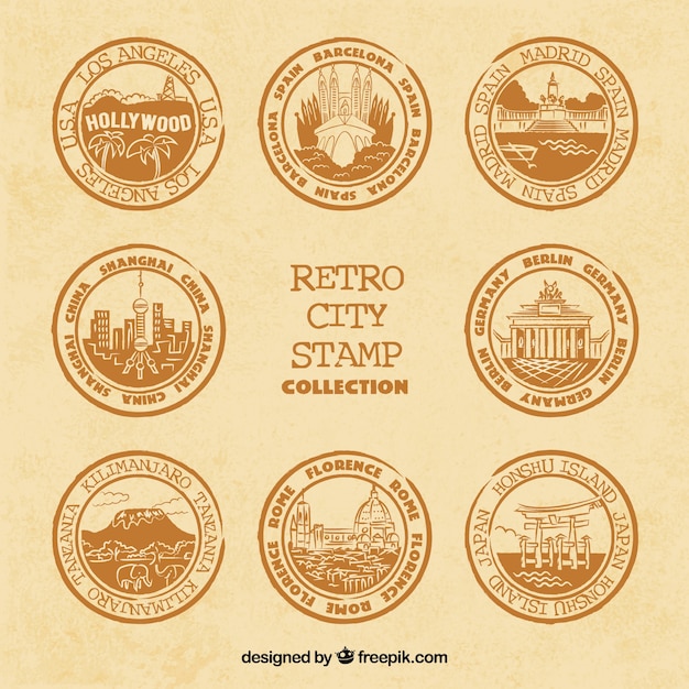 Vector gratuito colección de sellos de ciudad en estilo retro