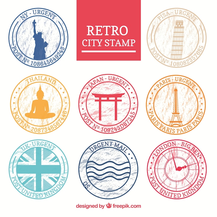 Vector gratuito colección de sellos de ciudad en estilo retro