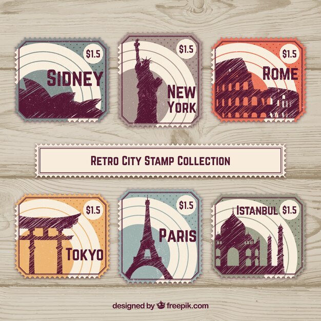 Colección de sellos de ciudad en estilo retro