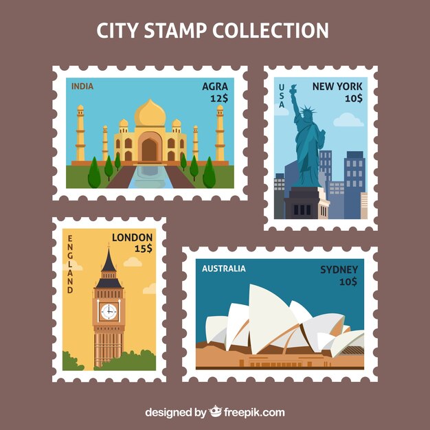 Colección de sellos de ciudad con monumentos famosos