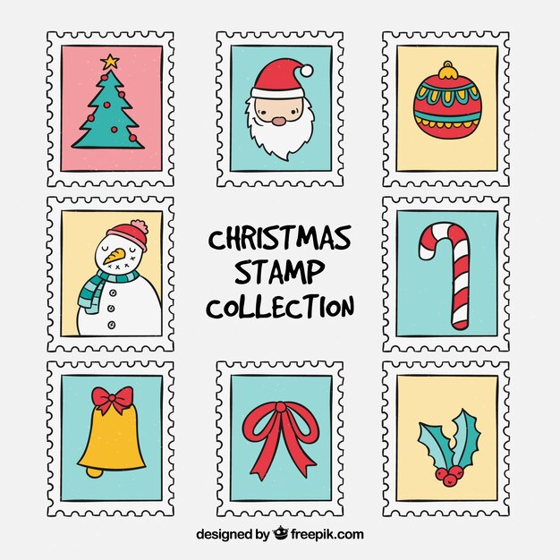 Colección de sellos de navidad dibujada a mano
