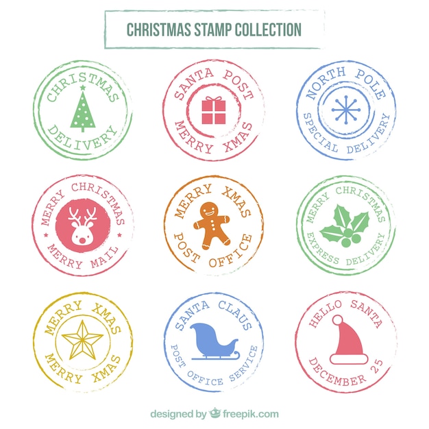 Vector gratuito colección de sellos de navidad redondos planos