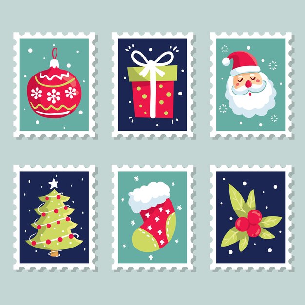 Colección de sellos navideños dibujados a mano