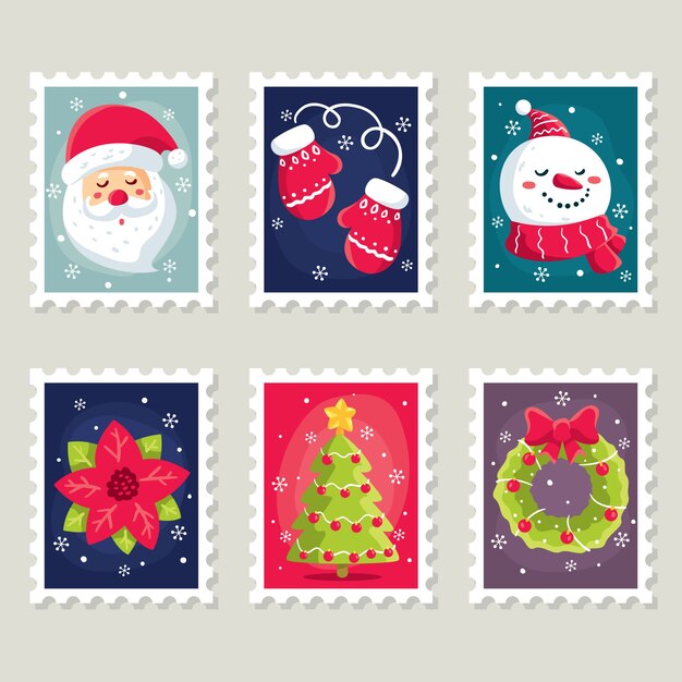 Colección de sellos navideños dibujados a mano