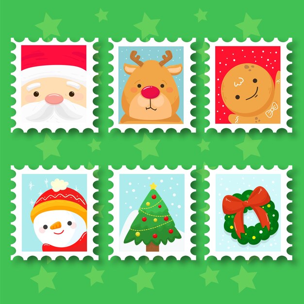 Colección de sellos navideños dibujados a mano